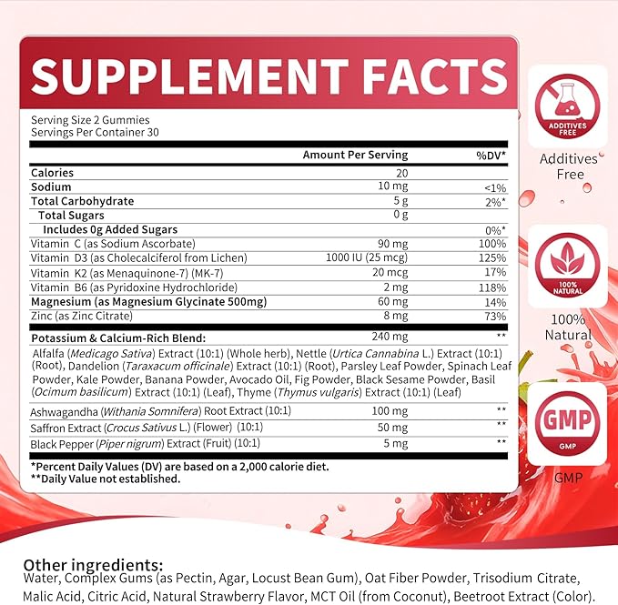 2 Pack Potassium Magnesium Gummies Sugar Free Potassium Supplement Magnesium Glycinate 500mg Ashwagandha Vitamins D3 C B6 Calcium &amp Zinc for Sleep Leg Cramps &amp Muscle Relaxation-120 Cou