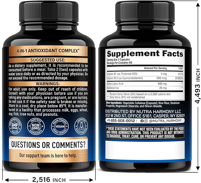 Alpha Lipoic Acid 600mg - ALA Supplement Antioxidant for Nerve Energy &amp Metabolism Support - Extra Strength with Benfotiamine B1 &amp B12 - Lab Tested NON-GMO &amp Vegan - 120 Capsules 2 Mon