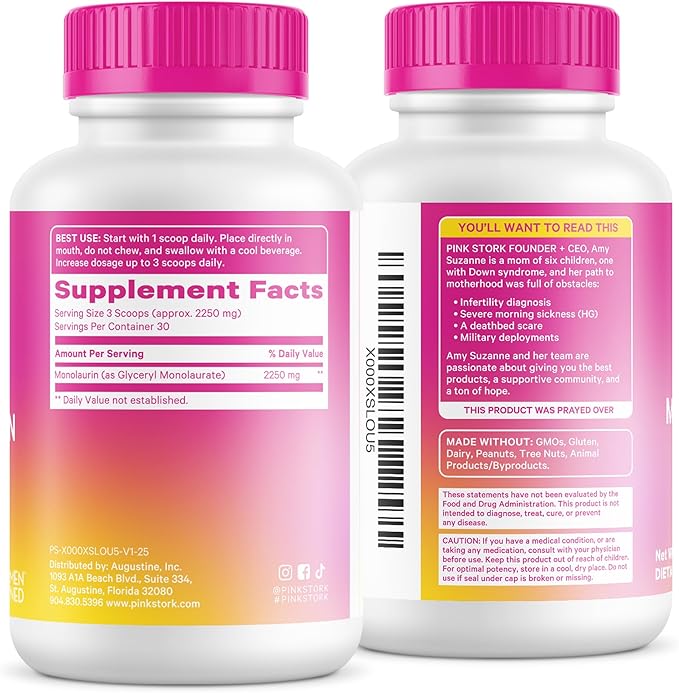 Pink Stork Monolaurin Pellets – Vegan Lauric Acid Immune &amp Gut Support for Women – Microbial Balance Digestive Wellness – Odorless Scoopable Monolaurin Supplement – 226g – 75 Servings