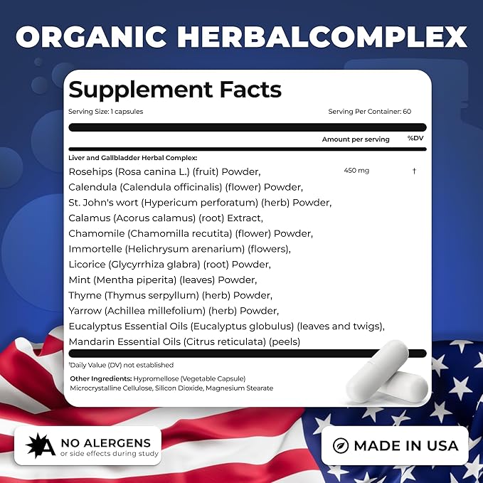 Liver Health and Gallbladder Support Formula - Liver Cleanse Detox &amp Repair Herbal Complex with Rosehips St. John's Wort Chamomile - Gallbladder Liver Supplements for Women Men - 60 Capsules