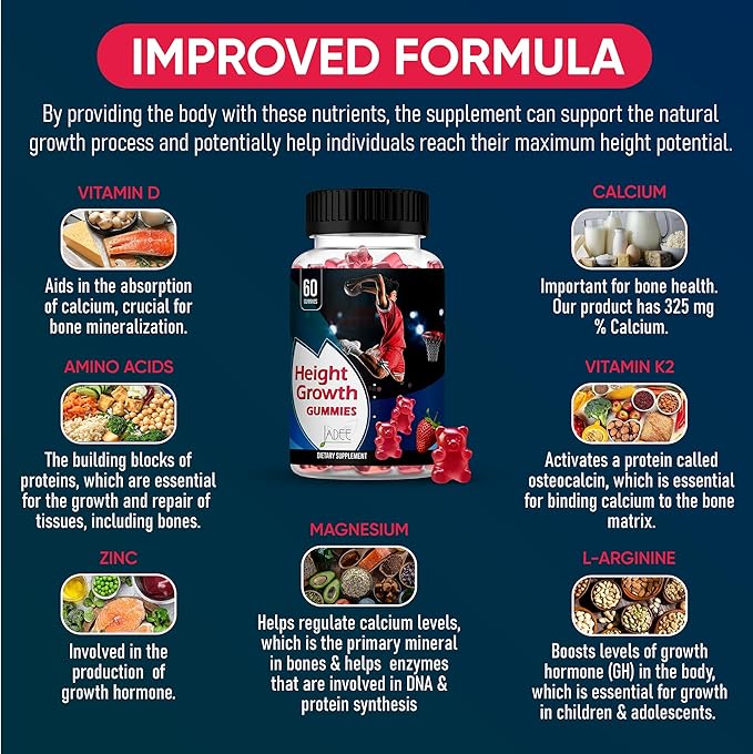 Jadee Height Growth Gummies for Teens &amp Kids Calcium 325mg Teen Vitamins D3K2C Magnesium Ashwagandha Zinc L-Arginine - Bone Healthy Growth Development &amp Strength - Height Increase &amp