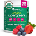 Zena Nutrition Organic Super Greens Powder 70+ Superfoods 0 Sugar 3G Fiber Spirulina Chlorella Antioxidants Prebiotics/Probiotics Digestive Enzymes Mixed Berry 30 Servings