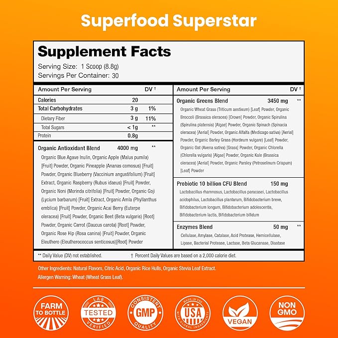 NutraChamps Super Greens Powder Premium Superfood | 20+ Organic Green Veggie Whole Foods | Wheat Grass Spirulina Chlorella | Antioxidant Digestive Enzyme &amp Probiotic Blends (9.0 OZ Mango)
