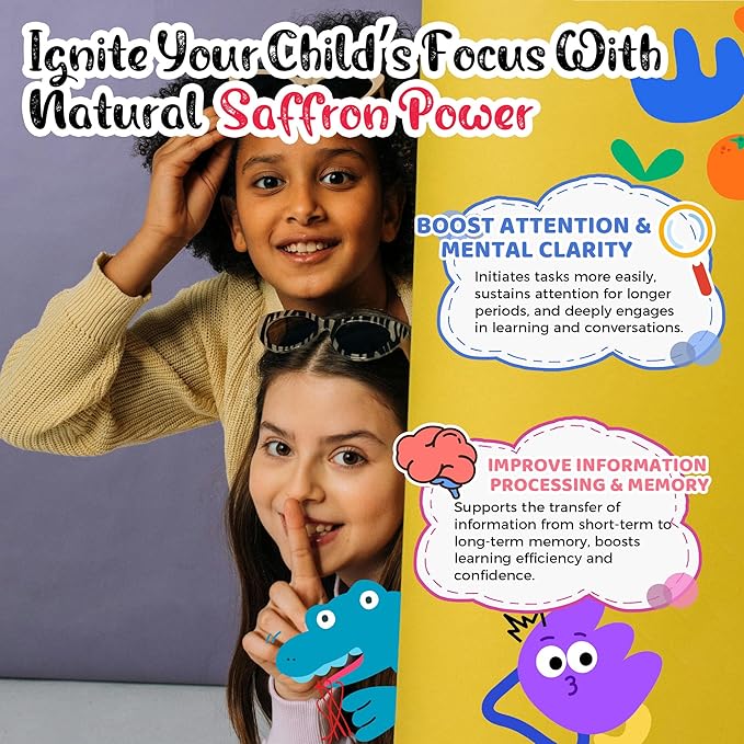 Q'ankyaq Kids Saffron Gummies Saffron Supplements for Kids (3 yrs+) Focus and Memory Gummiess Mood Balance with Rosemary Passion Flower Extract Chamomile Extract Sugar-Free Vegan 60 Counts