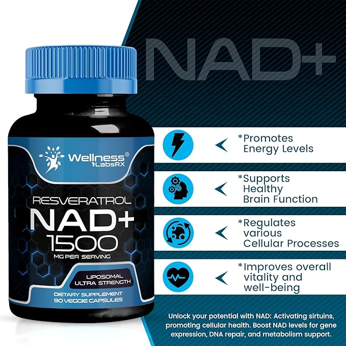WELLNESS LABSRX Liposomal NAD Supplement 1500mg - USA Made NAD Resveratrol Supplement for Women and Men NAD+ Support Cellular Health Energy &amp Anti Aging - 2 Pack