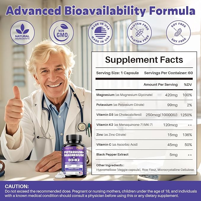 High-Potency Vitamin D3 10000IU K2 (MK-7) Potassium Magnesium Supplement - Advanced Synergistic Complex for Bone Immune Health Mood Balance &amp Energy Support