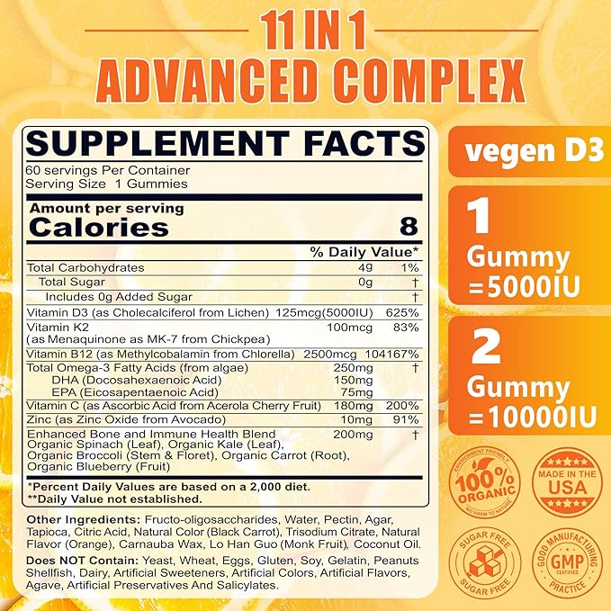 Vitamin D3 K2 Gummies 5000IU / 10000 IU with Omega-3 250mg+K2(MK-7) 100mcg -5X Absorption Than Standard D3K2with Vitamin CZincand 5 Organic VegetablesSupports Bone &amp Teeth Strength Immune1
