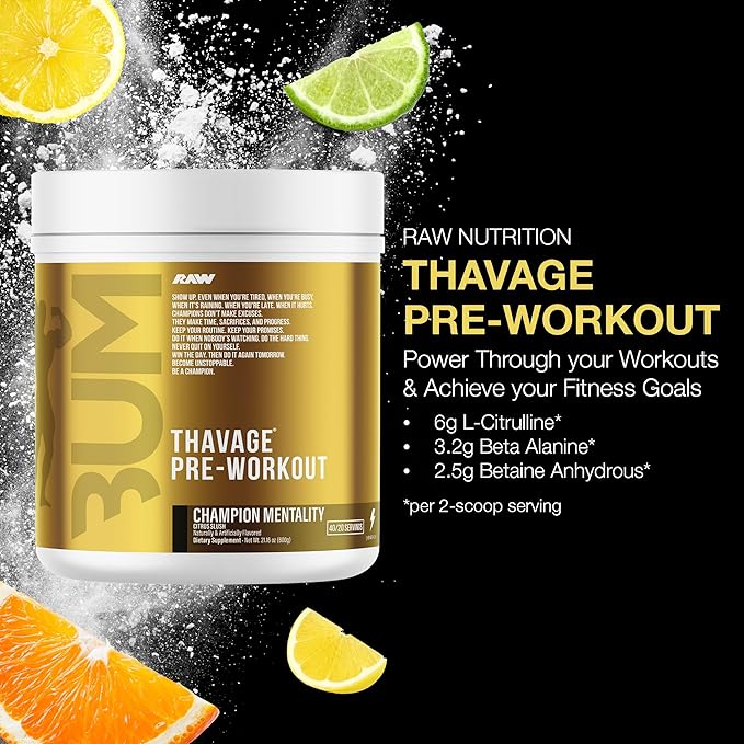 RAW Pre Workout Powder Thavage (Champion Mentality) - Chris Bumstead Sports Nutrition Supplement for Men &amp Women - Cbum Pre Workout for Working Out Hydration Mental Focus &amp Energy - 40 Serv