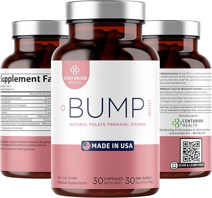 Centurion Health Bump Mini Complete Prenatal Vitamins for Women with Folate Choline Carbonyl Iron Zinc Vitamin D3 and Vitamin B12 for Fetal Development and Pregnancy Support 30 Caps