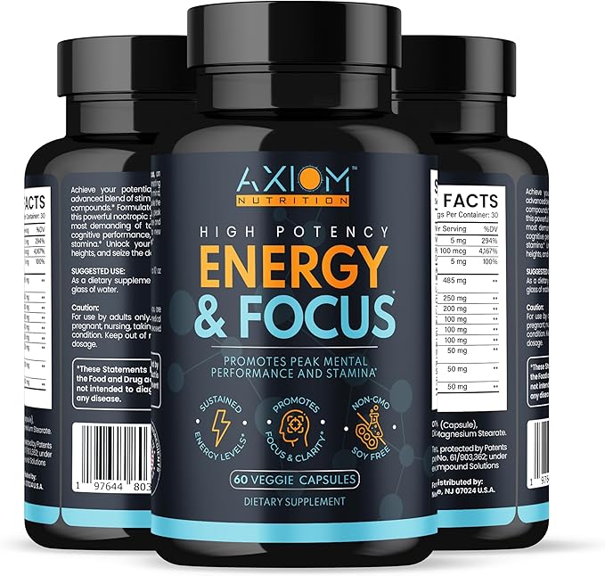 Energy and Focus - Extra Strength 200mg Caffeine and Lions Mane Mushroom Supplement 60 Capsules - with Alpha GPC L-Theanine L-Tyrosine to Support Brain Function and Concentration
