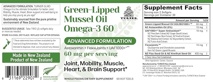 TURNER New Zealand Green Lipped Omega-3 Mussel Oil 53x Higher Potency with UAF1000+ Super Antioxidant. No Fishy Aftertaste 3 Bottles 180 Softgels
