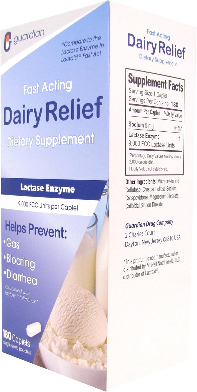 guardian Dairy Relief Fast Acting Lactase 360 Caplets 9000 FCC Maximum Strength Lactose Intolerance Pills Lactase Enzyme Supplement (360 CT)