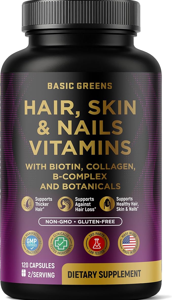 Hair Skin &amp Nails Vitamins with Biotin 10000 mcg Collagen B-Complex &amp Botanicals – Supports Healthy Hair Glowing Skin &amp Strong Nails – Non-GMO Gluten-Free – Made in USA – 120 Capsules