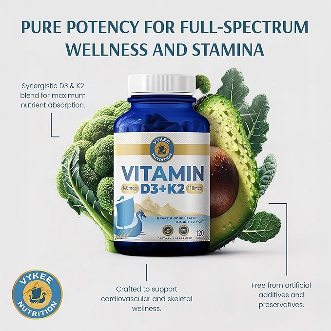 Vykee Nutrition Vitamin D3 K2 Complex - High Potency 140 mcg D3 Vitamin and 110mcg Vitamin K2 (MK-7) - Vegan Supplement for Bone and Heart Support Non-GMO Gluten-Free - 120 Count