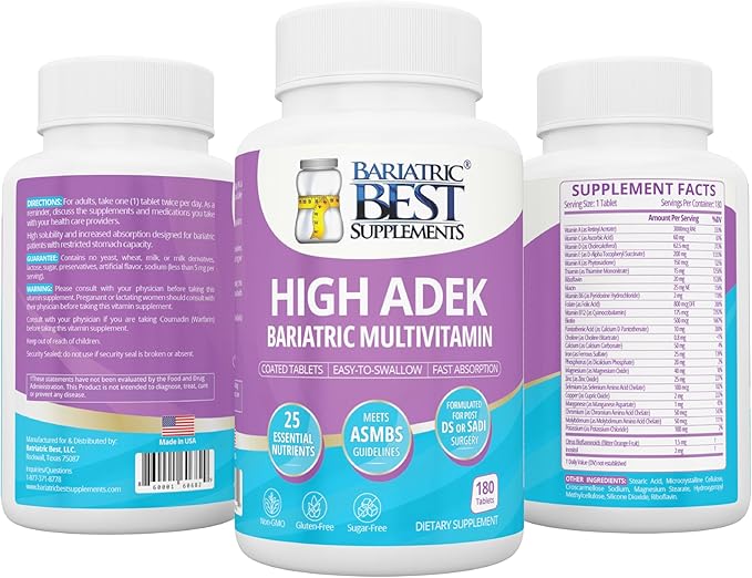 High ADEK Bariatric Multivitamin | DS SADI &amp BPD/DS Surgery | Fat-Soluble Vitamins A D E K | 25 Essential Nutrients | ASMBS Compliant | Made in USA | 180 Tablets — 3 Month Supply