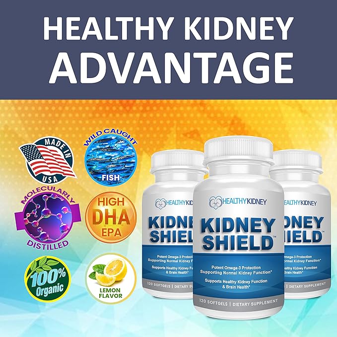 Kidney Shield Omega 3 Fish Oil Supplements - DHA EPA Omega 3 Supplement for Women &amp Men Kidney Health - Omega3 to Support Normal Kidneys Function &amp Cleanse Detox &amp Repair - 120 Lemon Soft