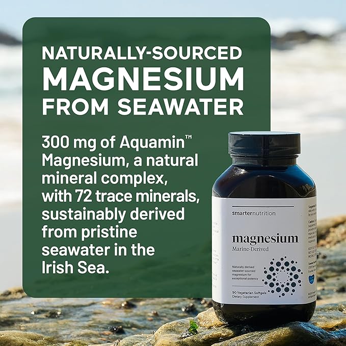 Smarter Nutrition Marine Magnesium Supplement 300mg - Naturally Sourced Clinically Tested Magnesium + Avocado Oil &amp AstraGin for High Absorption - Non-GMO (90 Count (Pack of 1))