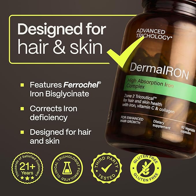 Advanced Trichology DermaIRON Iron Supplement for Women &amp Men – Gentle Iron for Low Ferritin &amp Anemia Support Hair Thinning &amp Hair Loss Support with Collagen &amp Vitamin C (Pack of 2)