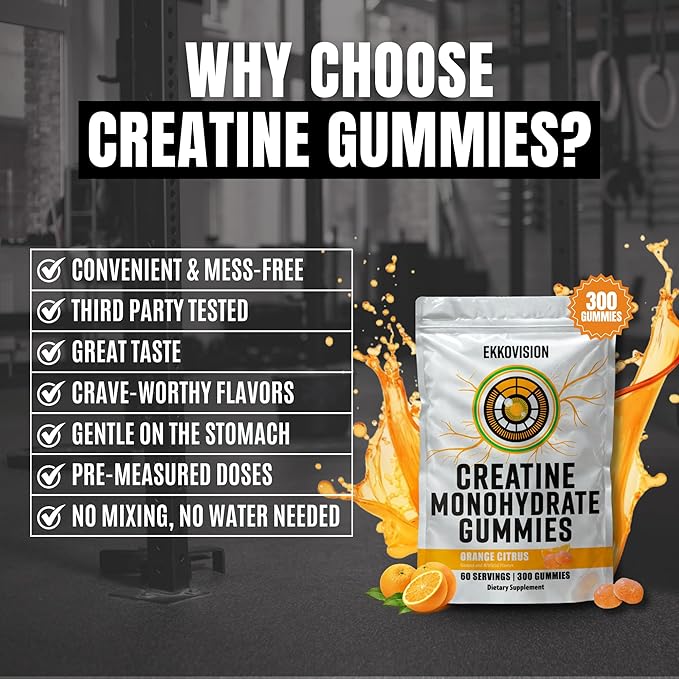 Ekkovision Creatine Monohydrate Gummies for Men and Women Orange Citrus Flavor Sugar Free Creatine Gummies for Pre Workout Muscle Strength and Recovery Vegan &amp Travel Friendly 300 Ct 60 Serv
