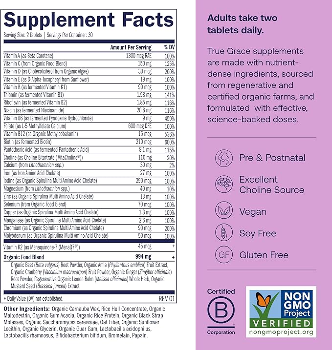 True Grace Prenatal Multivitamin - 30 Servings - Supports a Healthy Mom &amp Baby with Methylfolate &amp Choline for Fetal Brain Development - Gluten Free Soy Free - 60 Vegan Tablets