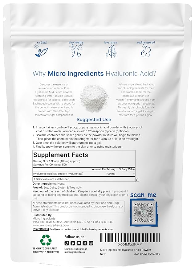 Micro Ingredients Hyaluronic Acid Serum Powder 50 Grams | Low Molecular Weight Cosmetics Grade | Skin Hydration and Moisture Support Supplements | Vegan Water Soluble (Within 2 Hours)
