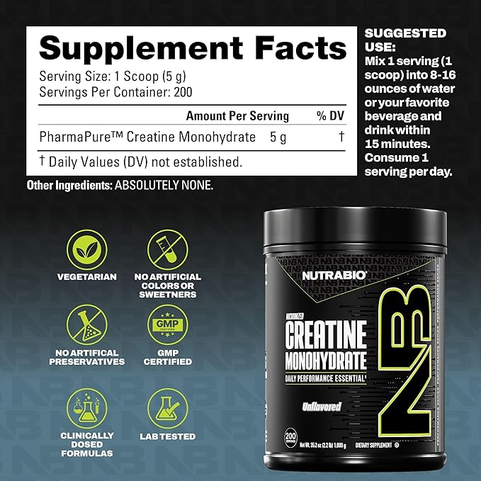 NutraBio Pure Micronized Creatine Monohydrate Powder Supplement Unflavored (1000 g) - Supports Bulk Muscle Energy Recovery and Strength - HPLC Tested Creatine Powder Supplement for Men and Women