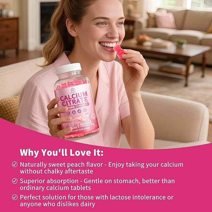 Pure Calcium Citrate 1200 mg Gummies for Adults High Absorption Calcium Supplements for Women &amp Men Sugar Free Non-GMO Gluten Free Supports BoneTeethMuscle &amp Immune - Peach Flavor