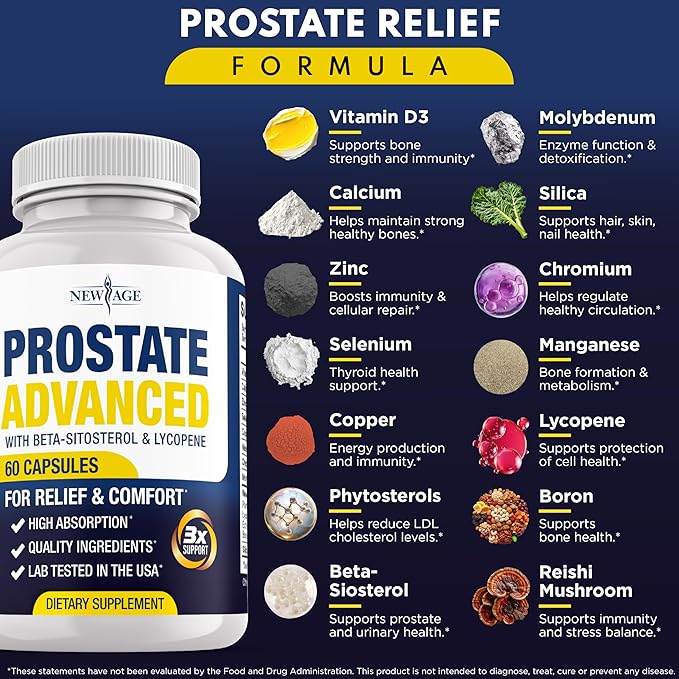 NEW AGE Prostate Advanced Prostate Supplement for Men – Reduce Bathroom Trips Promote Sleep Support Health &amp Bladder Emptying - Made with Lycopene Beta Sitosterol - 60 Count