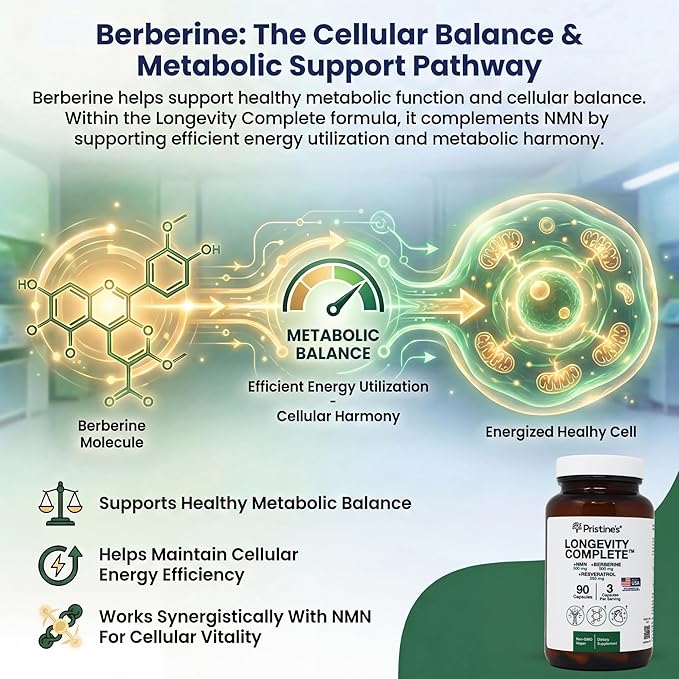 PRISTINE'S Longevity Complete Anti Aging NMN Complex - Advanced Cellular Support - NMN 500mg Berberine 500mg Resveratrol 250mg Healthy Aging Autophagy &amp NAD+ Support - Glass Bottle