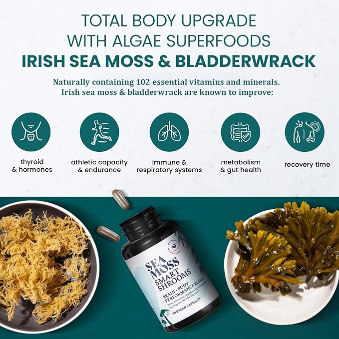 HAPPY FOX Irish Sea Moss Capsules &amp Mushroom Complex - Organic Seamoss with Adaptogens for Brain Health 1500mg 90 Vegan Capsules Organic Mushroom Supplement