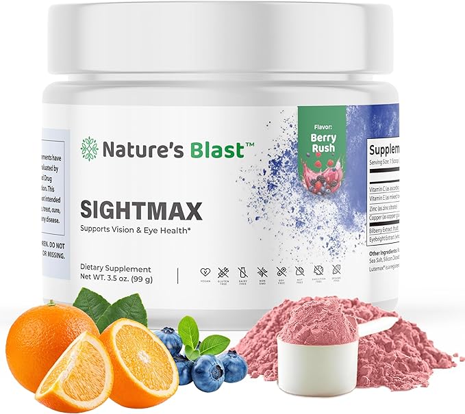 SightMax Eye Health Supplements - Eye Vitamins - with Bilberry Eyebright Lutein Zeaxanthin &amp More Vitamins - Vegan Non GMO Gluten Free - 3.5 Oz - 30 Servings - Berry Rush Flavor