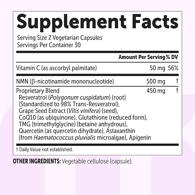 NMN Complex 1000mg Per Serving 60 Veggie Capsules | 10-in-1 with Nicotinamide Mononucleotide Vitamin C Resveratrol CoQ10 TMG Quercetin &amp Glutathione | NAD+ Supplement Precursor | Filler Fr
