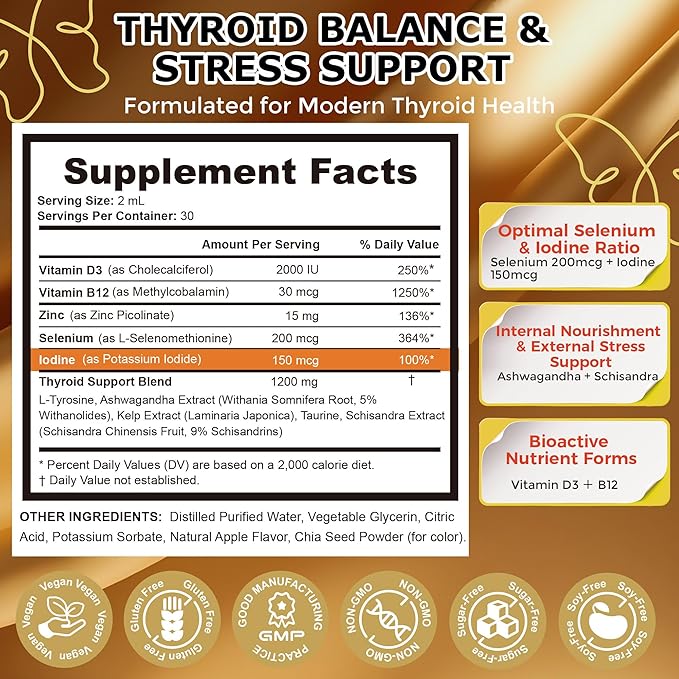Q'ankyaq Thyroid Supplement Liquid Drops Thyroid Drops for Women with Selenium Zinc Iodine L-Tyrosine Ashwagandha Thyroid Balance Metabolism Immune &amp Energy Support 60ML