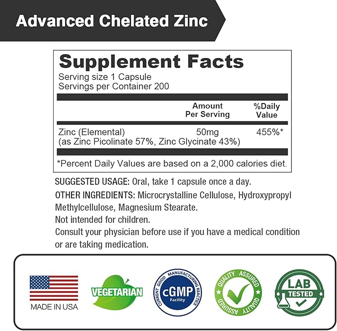 LOVITA Zinc 50mg | Potent Highly-Absorbed Chelated Zinc Supplements Picolinate &amp Bisglycinate | Vegan Gluten Free non-GMO | For Immune Antioxidant Support &amp Healthy Skin | 200 Capsules (Pa