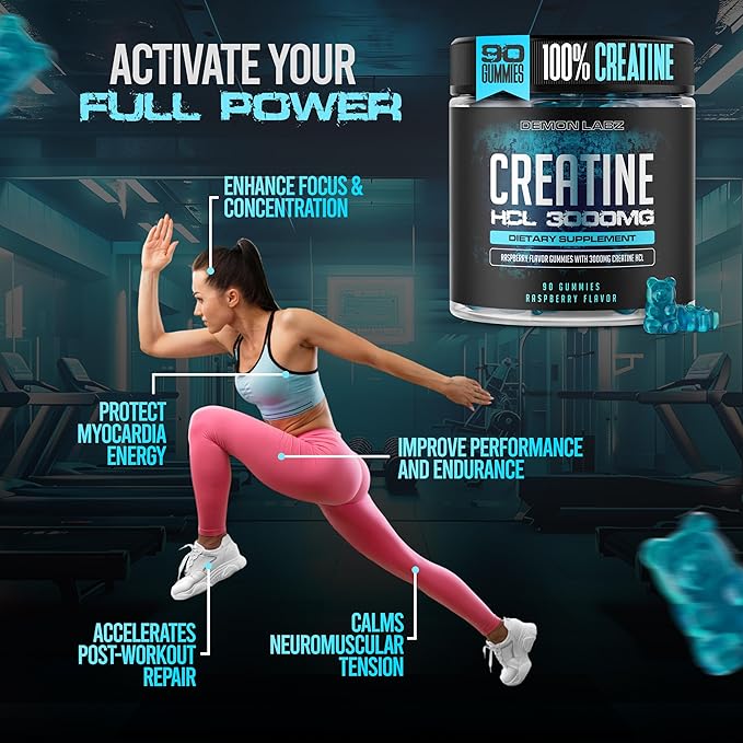 Creatine HCl 3000mg Per Serving - Raspberry Flavor - Vegan Gummies (90 Count Single Pack)