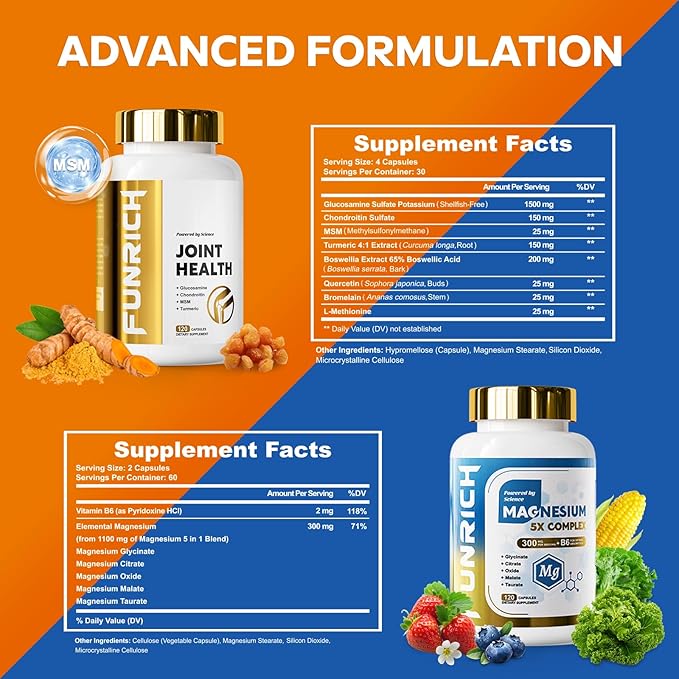 Glucosamine Chondroitin MSM &amp Magnesium Complex Supplement Set 4 individual bottles Glucosamine Complex and Magnesium Complex for Cartilage Joint Health and Muscle Bone Support- 480 Capsules