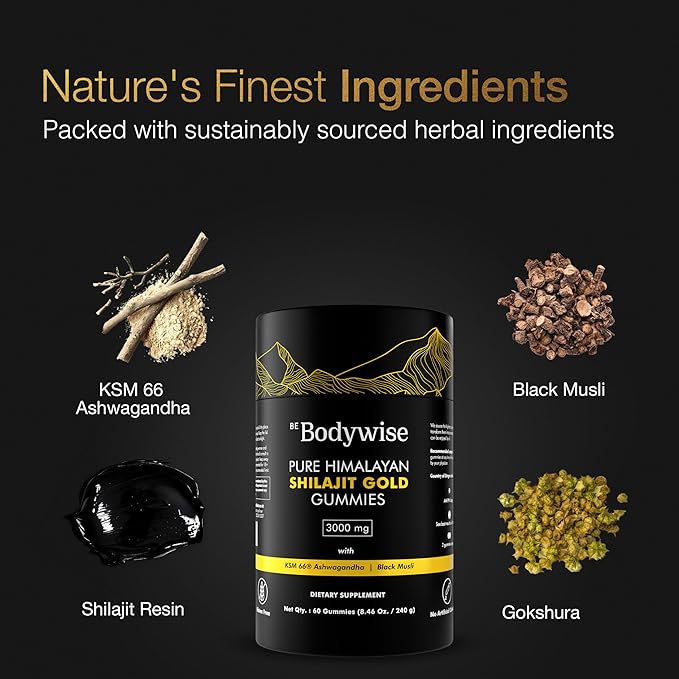 Be Bodywise Pure Himalayan Shilajit Gummies Gold I No Added Sugar I Ashwagandha Gokshura| Fulvic Acid &amp 85+ Trace Minerals I for Men Women I Non-GMO I 100% Natural &amp Organic I 120 Gummy I Po