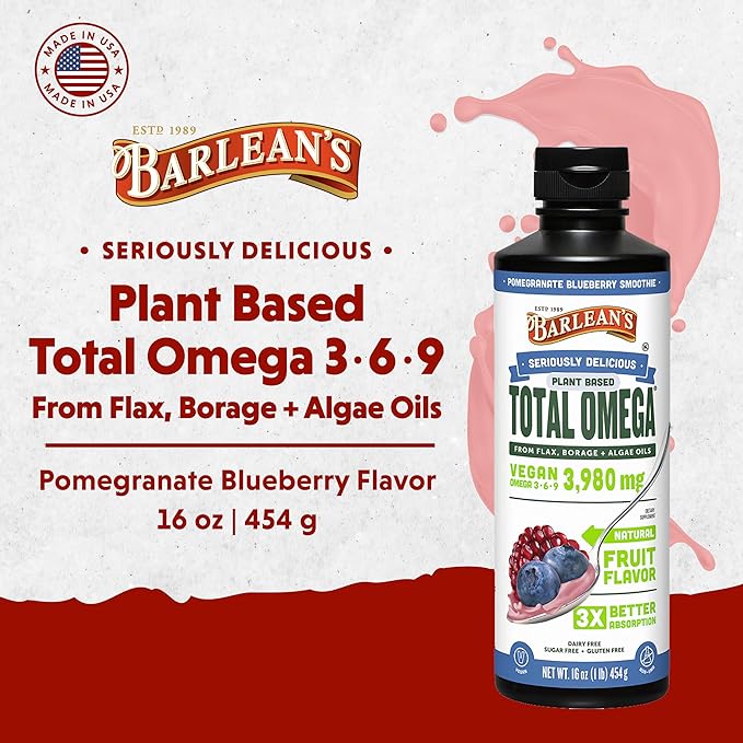 Barlean's Vegan Omega 3 6 9 Flaxseed Borage and Algae Oil Liquid Supplement Pomegranate Blueberry 3980 mg GLA EPA and DHA Fatty Acid Vegan 16 oz