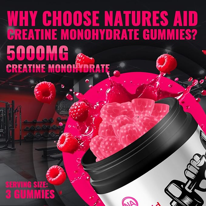 Natures Aid NSF Certified Creatine Gummy 5g - Creatine Monohydrate Gummies – Pre-Workout Energy &amp Muscle Growth Support for Men &amp Women | Raspberry Electrolyte Gummies (135 Count)