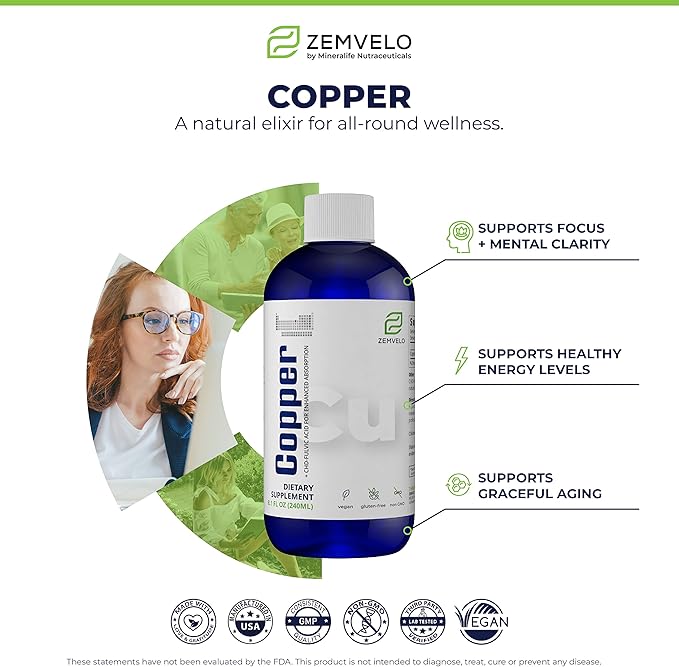 Liquid Ionic Chelated Copper | Natural Elixir for Healthy Connective Tissue | Healthy Hair Skin Nails &amp Collagen | Healthy Iron Levels | Mood Balance | 3 Month Supply
