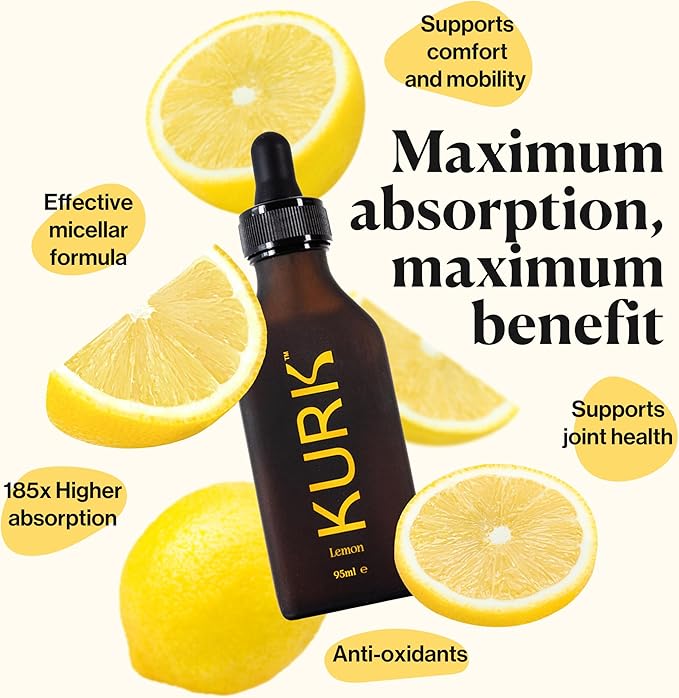 Kurk Essential Liquid Turmeric Curcumin Supplement Turmeric Drops Oil for Advanced Everyday Wellness Focus &amp Energy 185x More Absorbable Than Powders Plant-Based (Lemon) (3.2 Fl Oz)