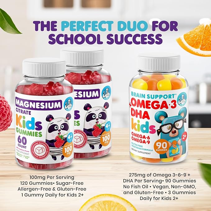 DR. MORITZ Calm Magnesium Gummies for Kids (60 Count 2 Pack) and Kids Omega 3 Gummies (90 Count) Bundle - Low Sugar Vegetarian No Fish Oil
