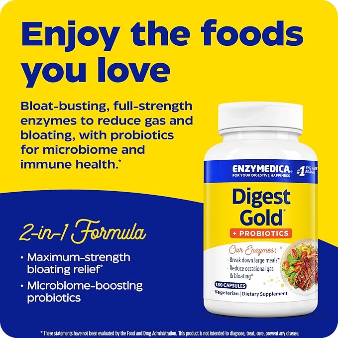Enzymedica Digest Gold + Probiotics 2-in-1 Digestive Enzymes &amp Probiotic Support Promotes Gut Health with 1 Billion Active Cultures 180 Capsules