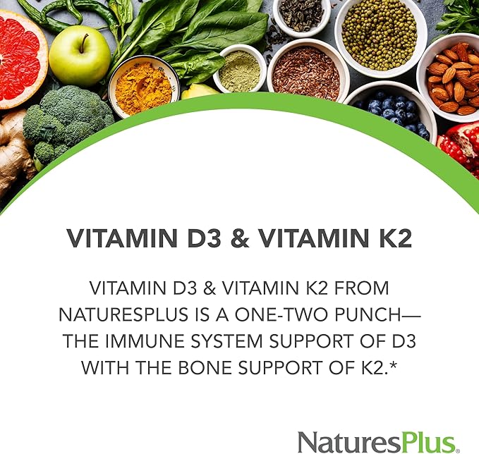 NaturesPlus Vitamins D3 (1000 IU) &amp K2 (100 mcg) - Vegetarian Gluten Free - 90 Capsules 90 Servings
