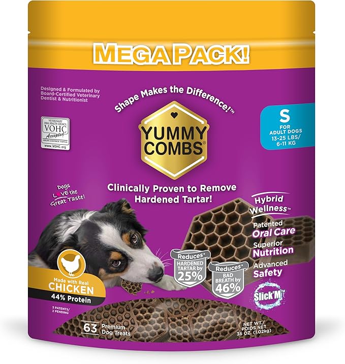 Yummy Combs Dog Dental Treats – Vet VOHC Approved – Delicious Chicken Protein – Removes Tartar with Cleaning Comb Shape – Dental Dog Treats for Small Dogs (36oz 63 Count)