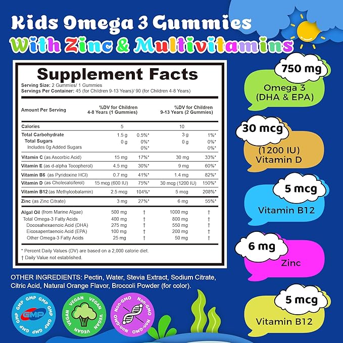 Kids Omega 3 Gummies Vegan Algae DHA &amp EPA Supplements for Children with Zinc and Multivitamin Improve Focus &amp Cognition* Eye &amp Immune Support No Fish Burps Sugar Free 90 Gummies