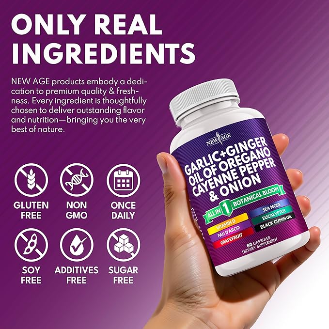 NEW AGE Garlic + Ginger Supplement - Oil of Oregano Cayenne Pepper Soursop Black Cumin Sea Moss Black Pepper - Black Seed Cleanse - 120 Count