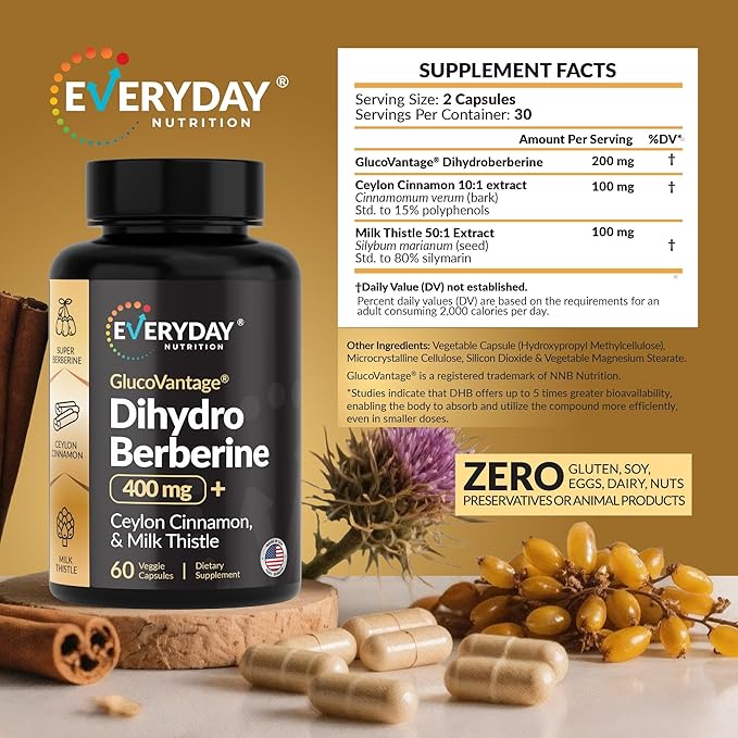 Dihydroberberine GlucoVantage 200mg | Highly Bioavailable Berberine Supplement with Ceylon Cinnamon &amp Milk Thistle | Non-GMO | 60 Veggie Capsules