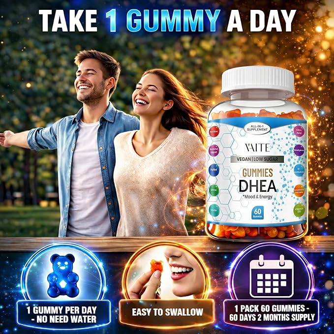 VAITE DHEA 50mg Gummies for Men and Women – Hormone Balance Energy &amp Mood Support – Immune System Booster – Vegan Gluten-Free Non-GMO – Perimenopause &amp Menopause Supplement 60 Chews