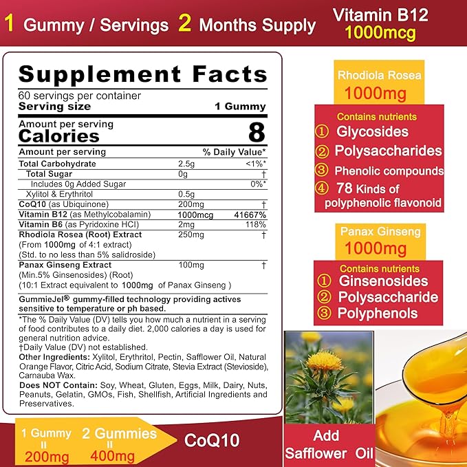 Ultra Absorption CoQ10 Gummies 200mg/400mg w/ Methyl B12 1000mcg B6 Rhodiola Rosea &amp Panax Ginseng Sugar Free CoQ10 Supplement for Energy Boost Hear-t Health Antioxidant &amp Brain Support